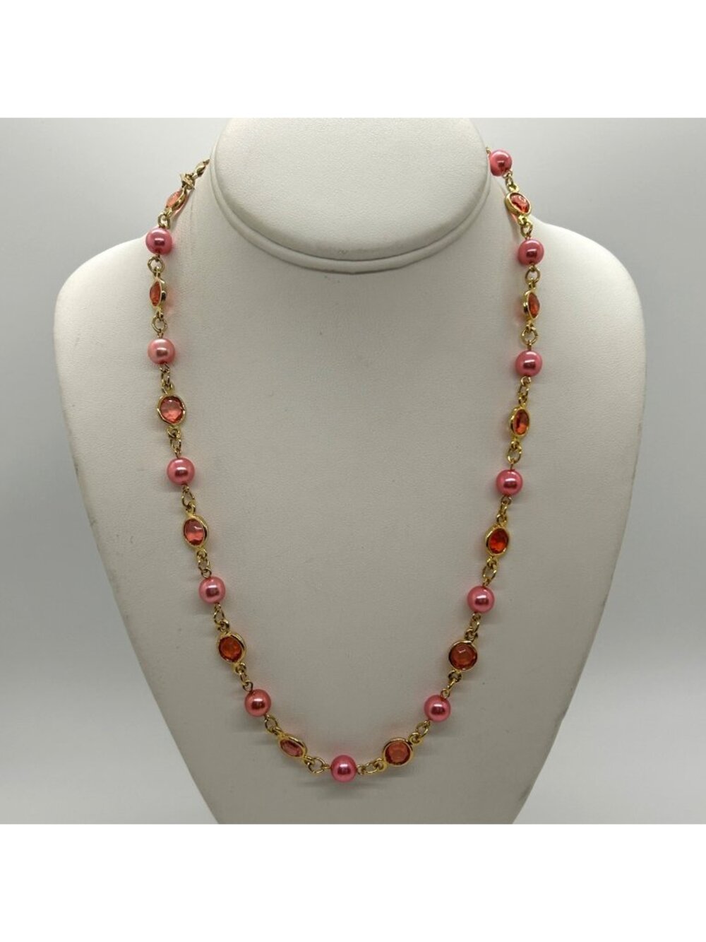 Vintage Two Sisters Signed Pink Faux Pearl Bezel Gold Tone Station Long Necklace